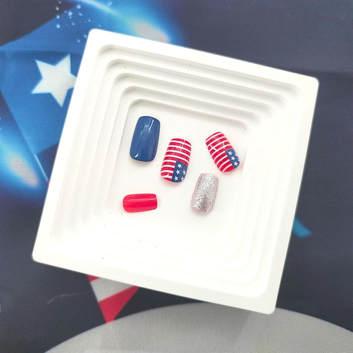 Independence Day Press-On Nails - Medium Square Glitter Acrylic Nails with American Flag Design | 24 Pcs Blue & Red