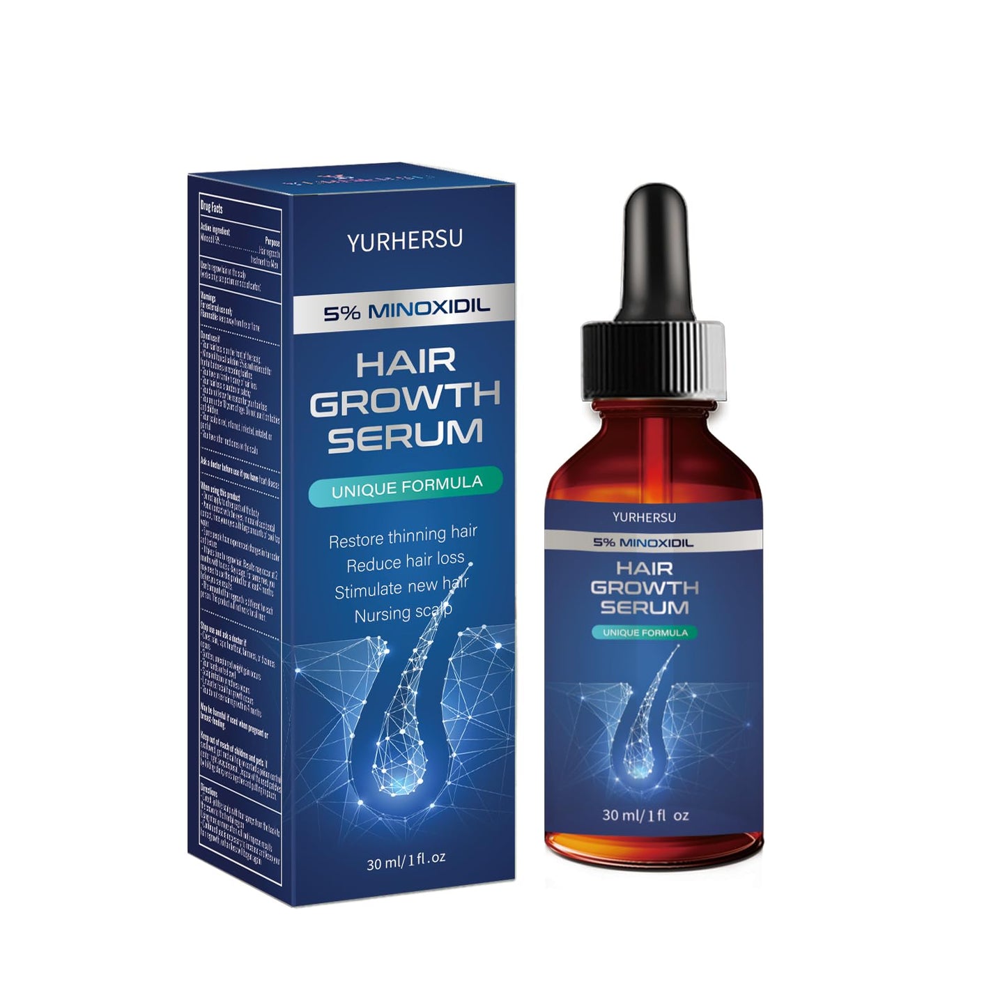 YURHERSU Hair Growth Serum with 5% Minoxidil, Restore Thinning Hair Reduce Hair Loss, Stimulate New Hair Nursing Scalp for Women Men Get Stronger Thicker Longer Hair or Beard-60ml