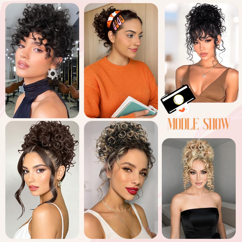 Curly Messy Bun Hair Piece - Short Synthetic Loose Wave Updo | Dark Brown Drawstring Style