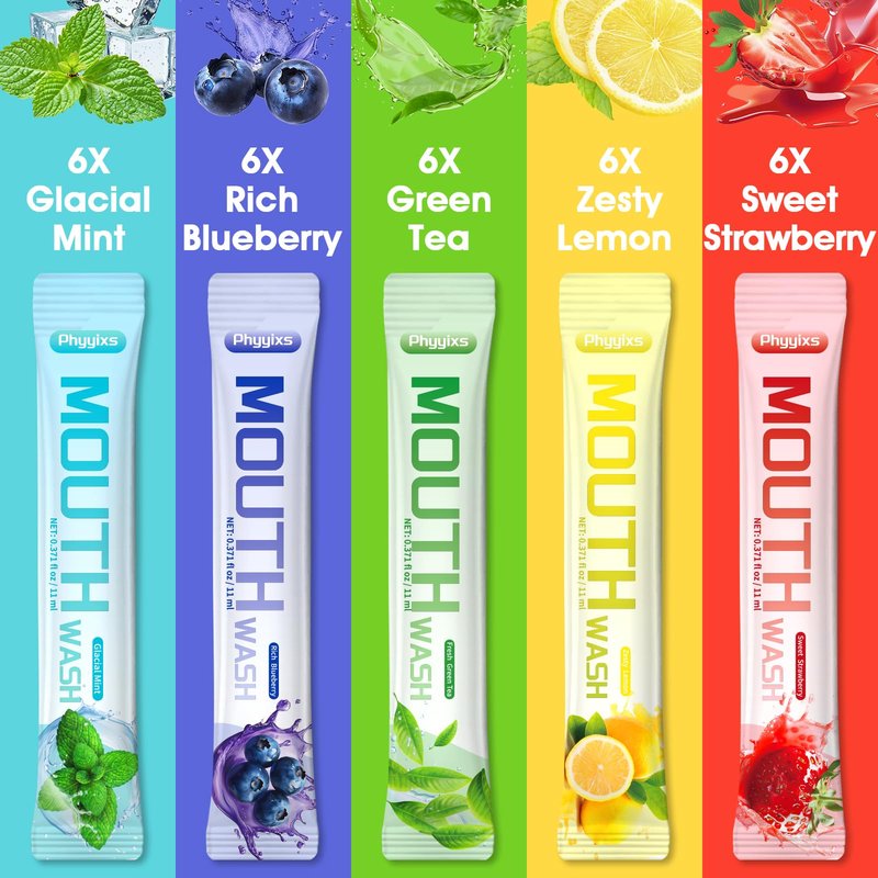Phyyixs Mouthwash Travel Size – 30 Individually Wrapped Portable Packets, Alcohol-Free & Fluoride-Free, On-The-Go Oral Hygiene for Fresh Breath Anytime(5 Flavors)