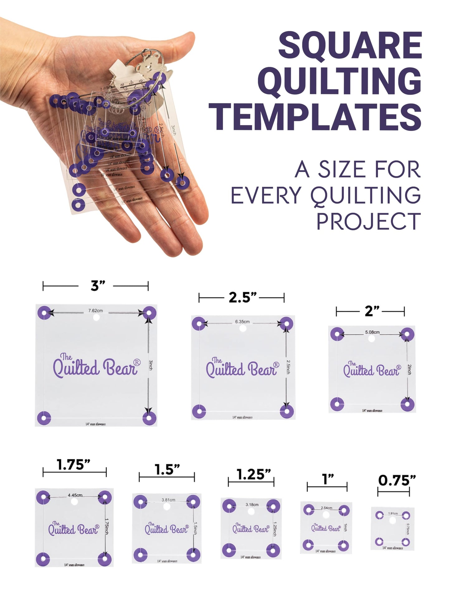 The Quilted Bear Square Quilting Templates – 8 Clear Non-Slip Acrylic Quilt Templates for Precise Fabric Cutting & Stress-Free Machine Quilting - Ideal for Quilt & Sewing Supplies (¾–3")