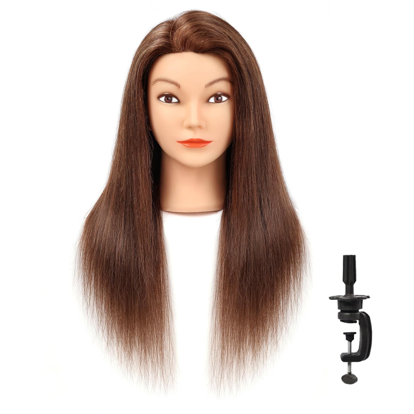 Human Hair Mannequin Head for Hair Styling Practice | 20-22" Dark Brown Cosmetology Doll with Clamp