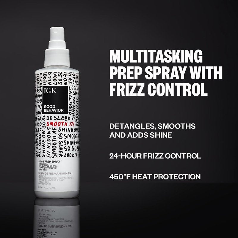 IGK Good Behavior 4-in-1 Prep Spray - Leave-In, Detangler & Heat Protectant | Vegan, Cruelty-Free | 2 Oz