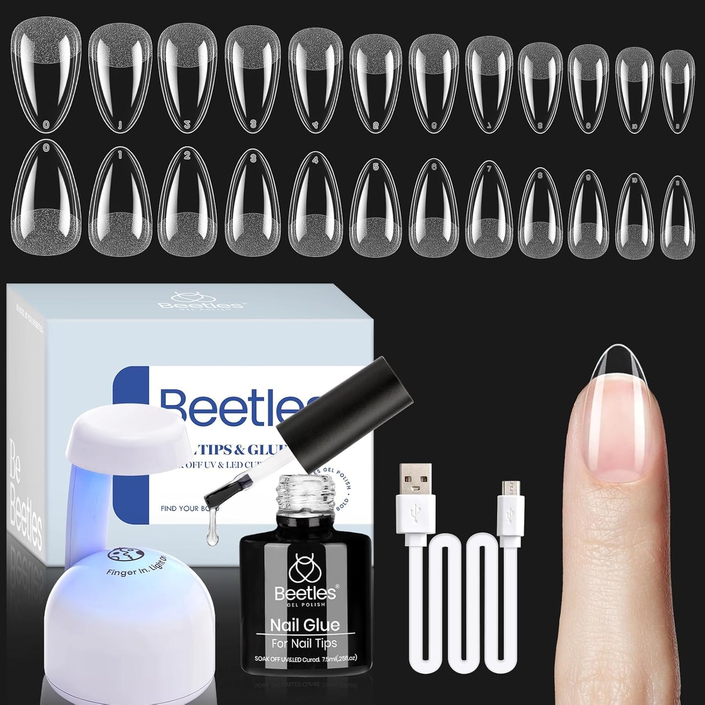Beetles Gel Nail Kit - 504pcs Almond Short Nail Tips with 9-in-1 Glue & Mini LED Light | DIY Acrylic Press-On Set for Women & Girls