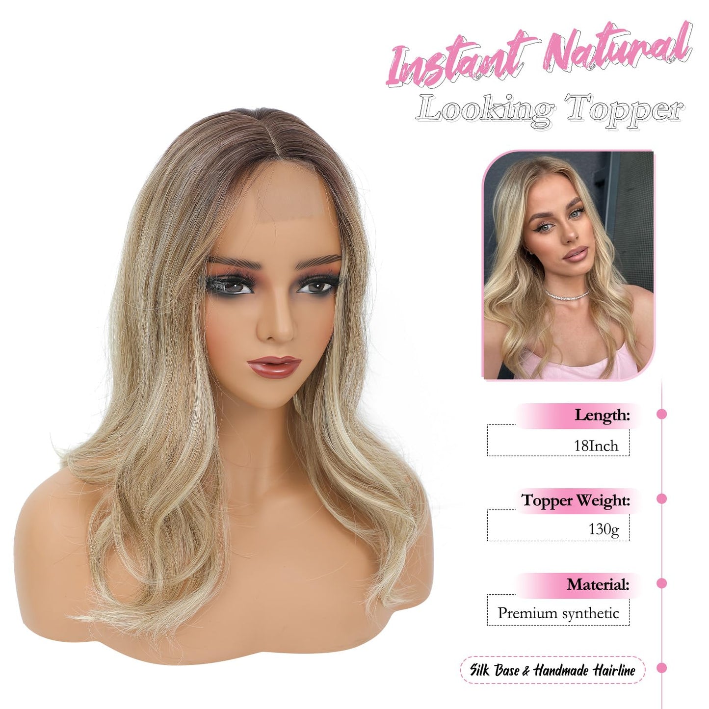18 Inch Body Wavy Hair Topper for Women - Synthetic Clip-In, Natural Part, Dark Brown Root to Blonde Ombre with Highlights