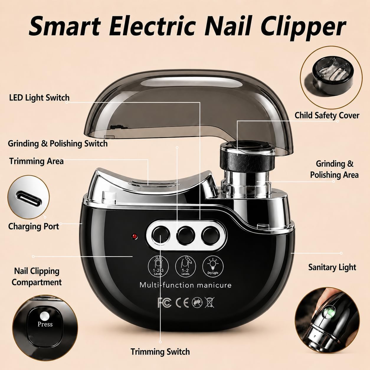 4-in-1 Electric Nail Clipper with 3 Adjustable Speeds, Electric Nail Trimmer with Trimming, Polishing & Debris Collection, Dual LED Lights, Safe & Painless Electric Nail Clippers for Seniors, Black