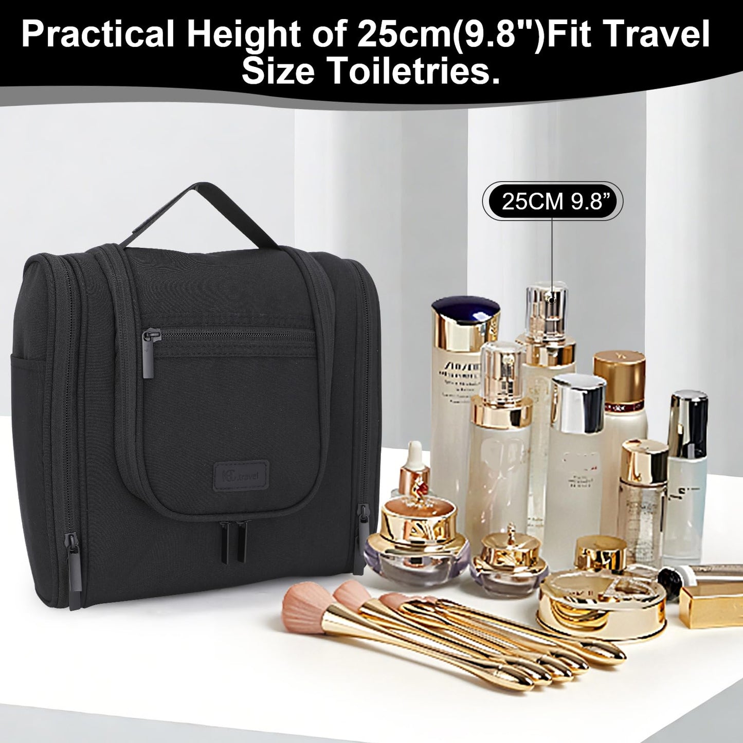 WIBKAE Hanging Toiletry Bag with Hook, Travel Cosmetic Makeup Bag Organizer for Accessories, Shampoo, Shaving Bag for Toiletries Accessories,Travel Essentials Kit (Black)