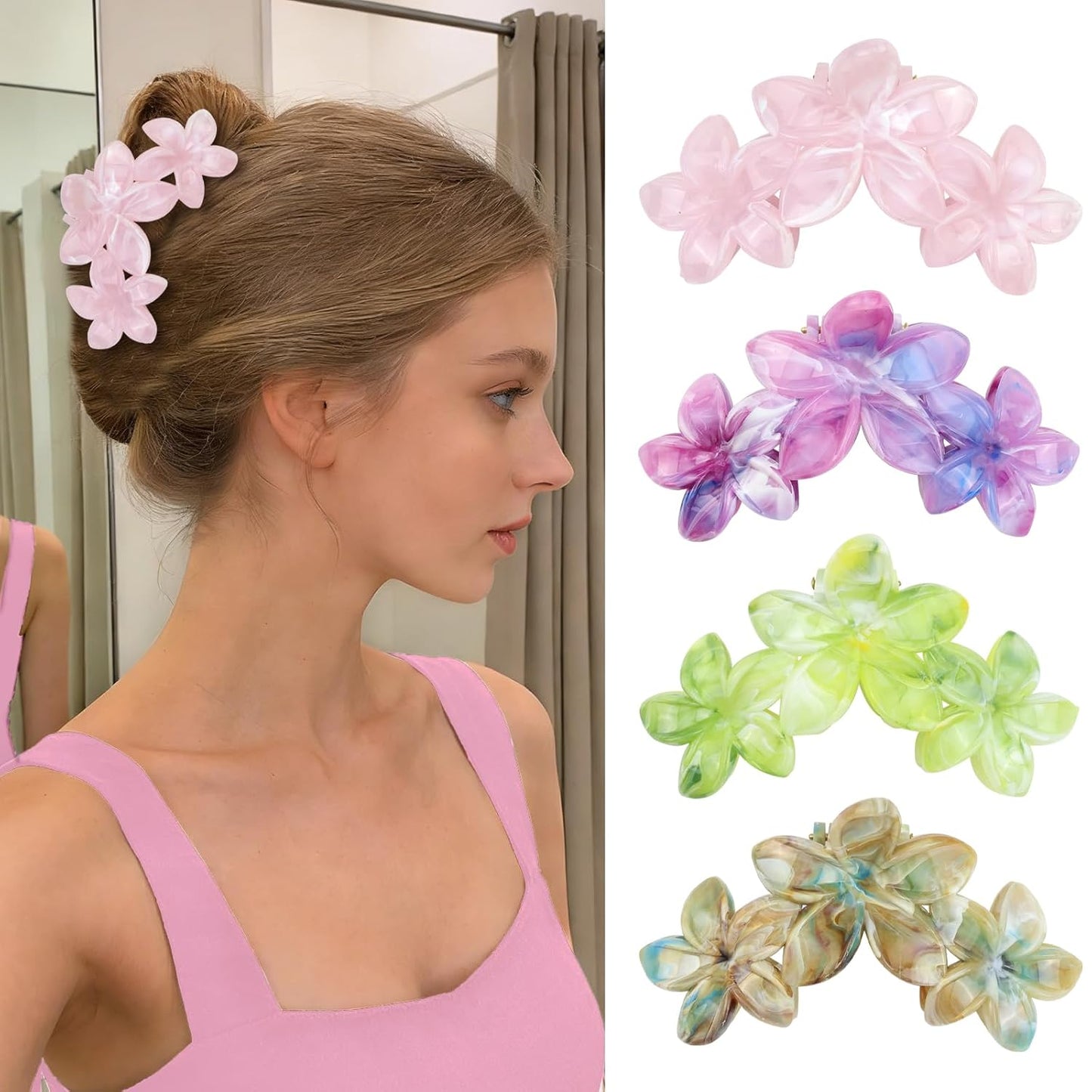 Cute Hawaiian Flower Claw Hair Clips - 4Pcs Large Clips for Thick or Thin Hair | Pink & Red Beach Accessories