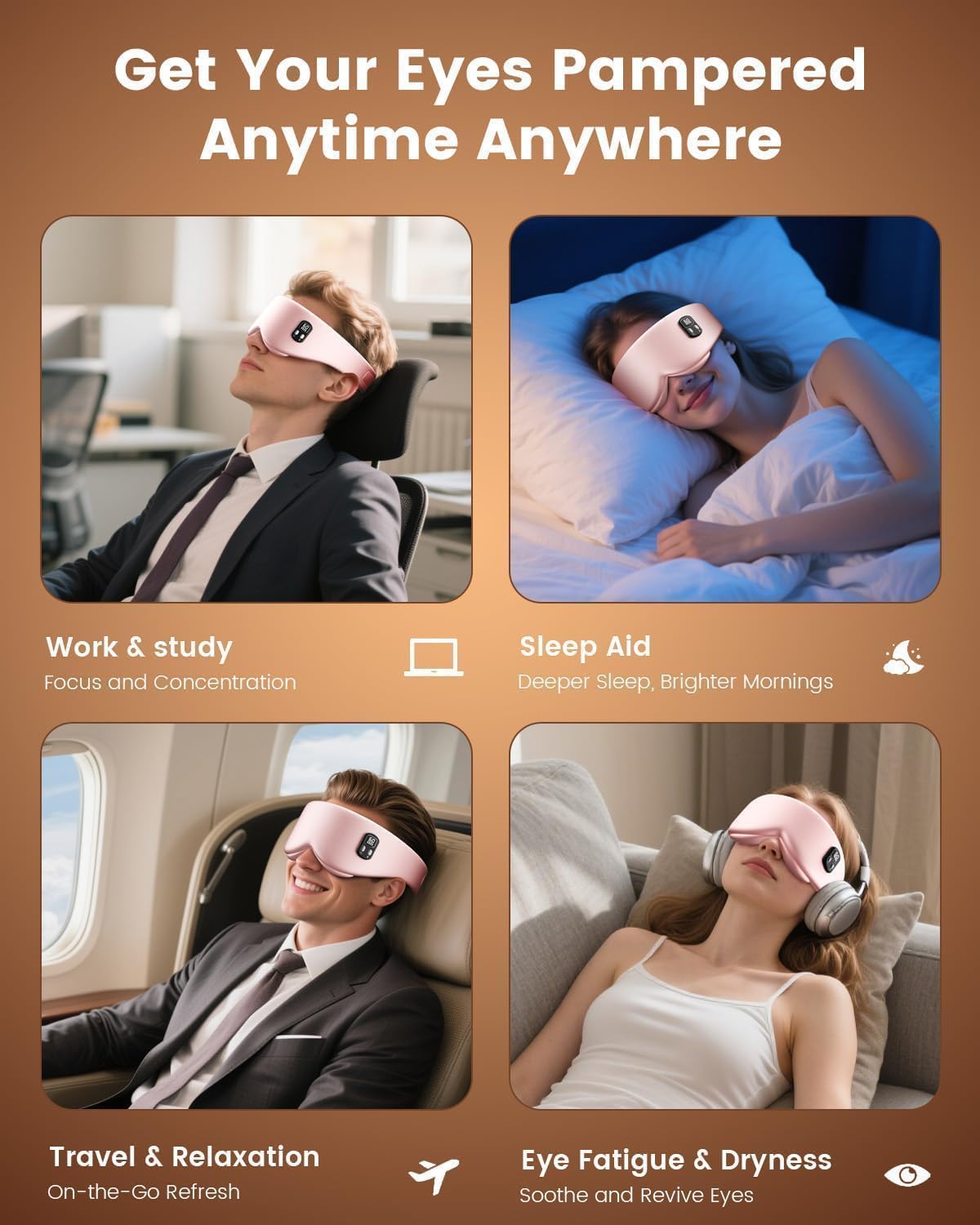 Heated Eye Mask - Cordless Eye Mask for Dry Eyes & Sleep Relief | 4 Temperature Settings, Washable - Pink