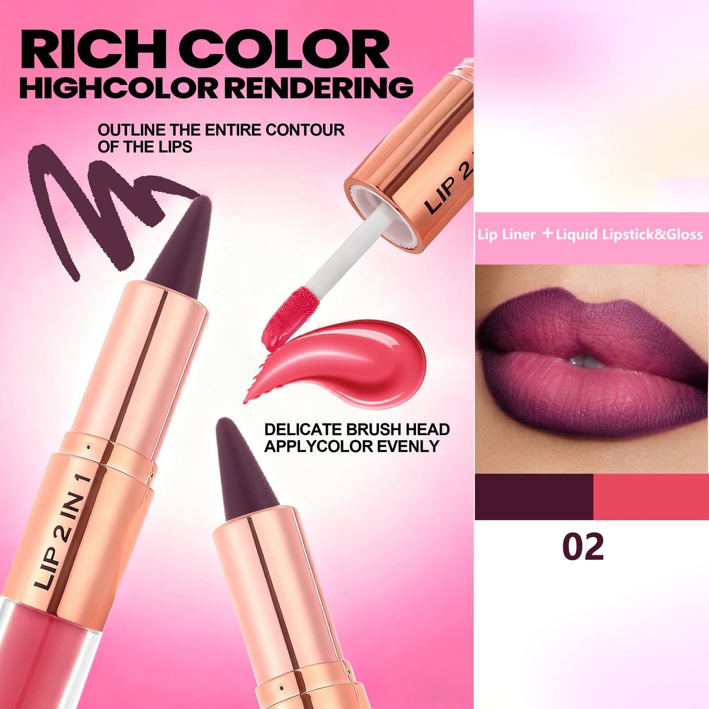 Lip Liner 2 in 1 Professional Matte Lip Kit, Dual-Ended Lip Kit With Lip Liner And Gloss Lip Combo Sets For Black Women,High Pigmented Liquid Lipstick Long Lasting Waterproof Lip Combo Makeup ﻿ (#2)