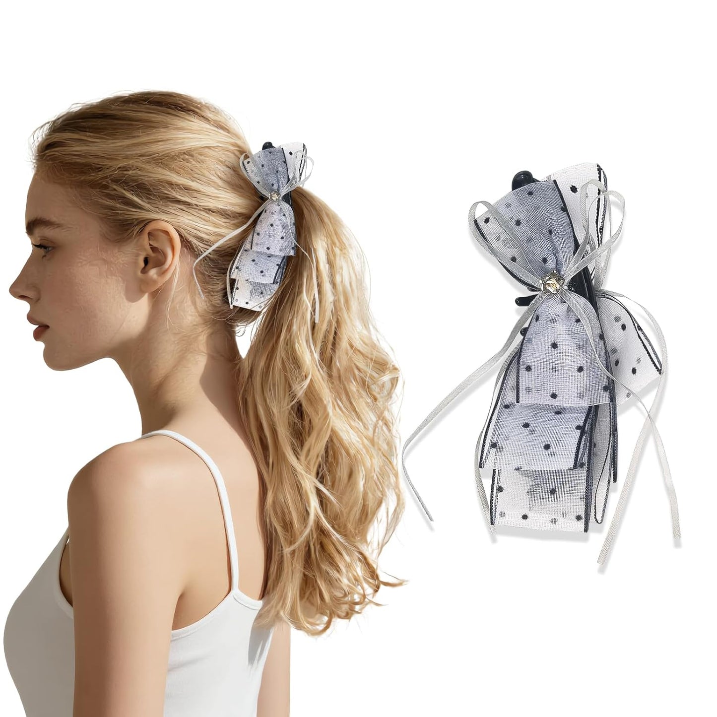 Banana Clips for Women - Cute Satin Polka Dot Hair Bow Claw Clips | Perfect for Thick & Thin Hair - Seersucker Yellow