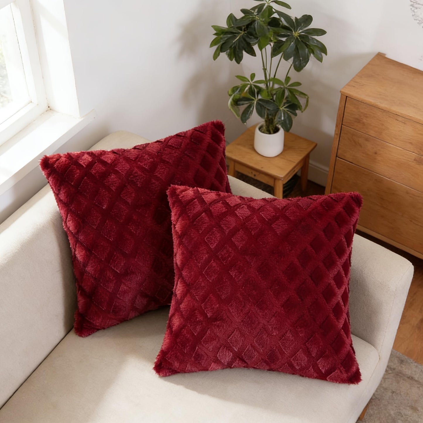 Geometric Pattern Pillow Covers Set of 2 Plush Soft 43x43 cm Machine Washable Decorative for Sofa Bedroom Outdoor, Burgundy