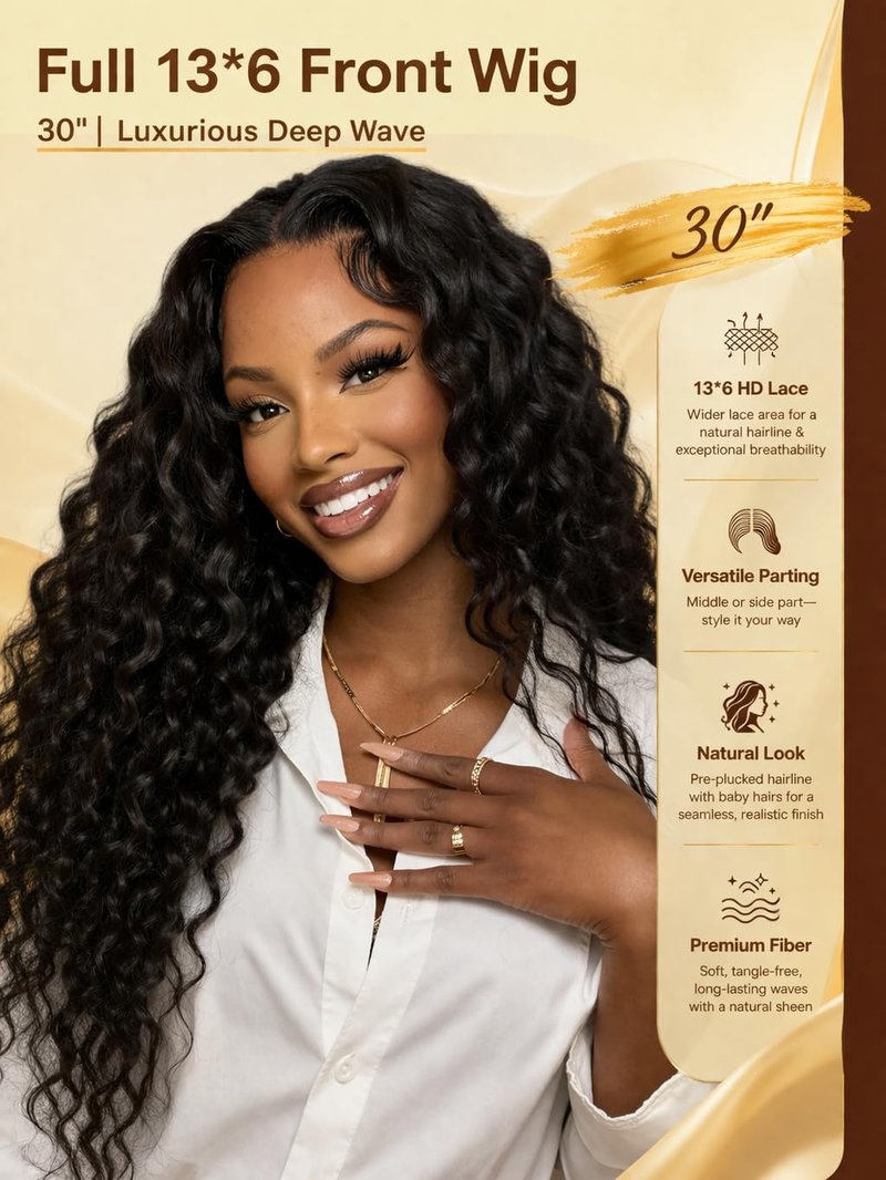 Water Wave Lace Front Wig - 150% Density, Pre-Plucked, Glueless Synthetic Hair | 30-Inch Length