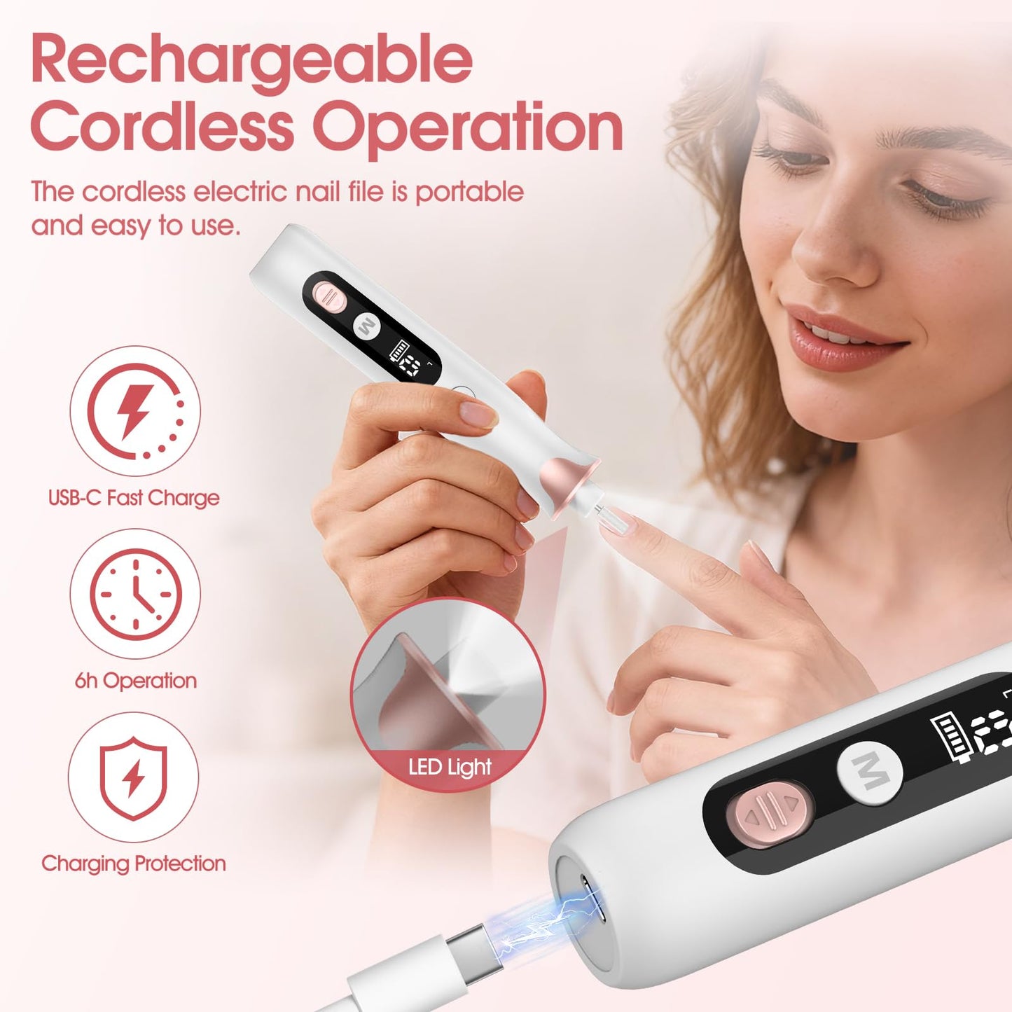Haootadiy Electric Nail Drill File, Cordless Electric Nail Filer Buffer with Nail Drill Bits Sanding Bands Professional Manicure Pedicure Set for Nail Grind Trim Polish, for Women & Men