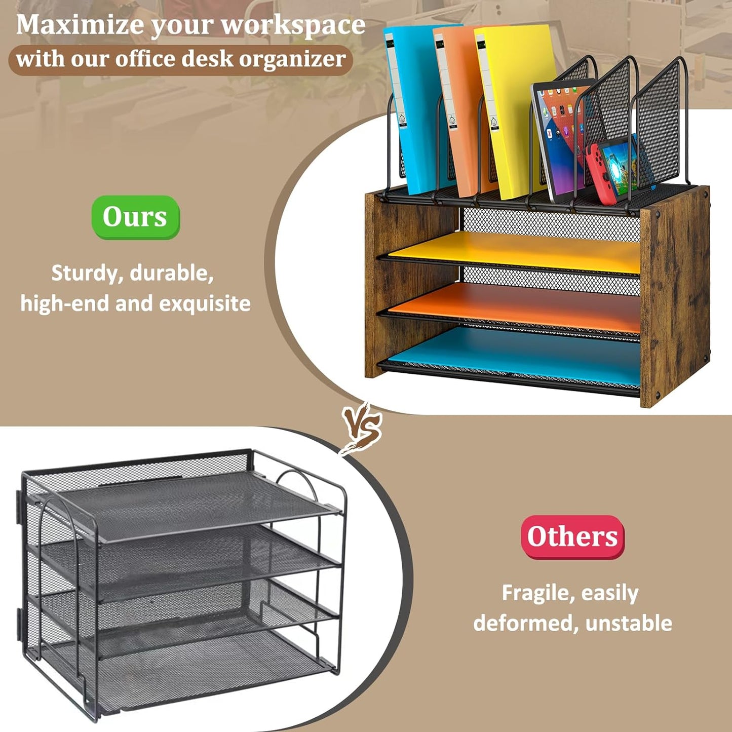 4-Tier Desk Organizer - Wooden Desktop File Holder with 5 Vertical Slots | Office & Home Use