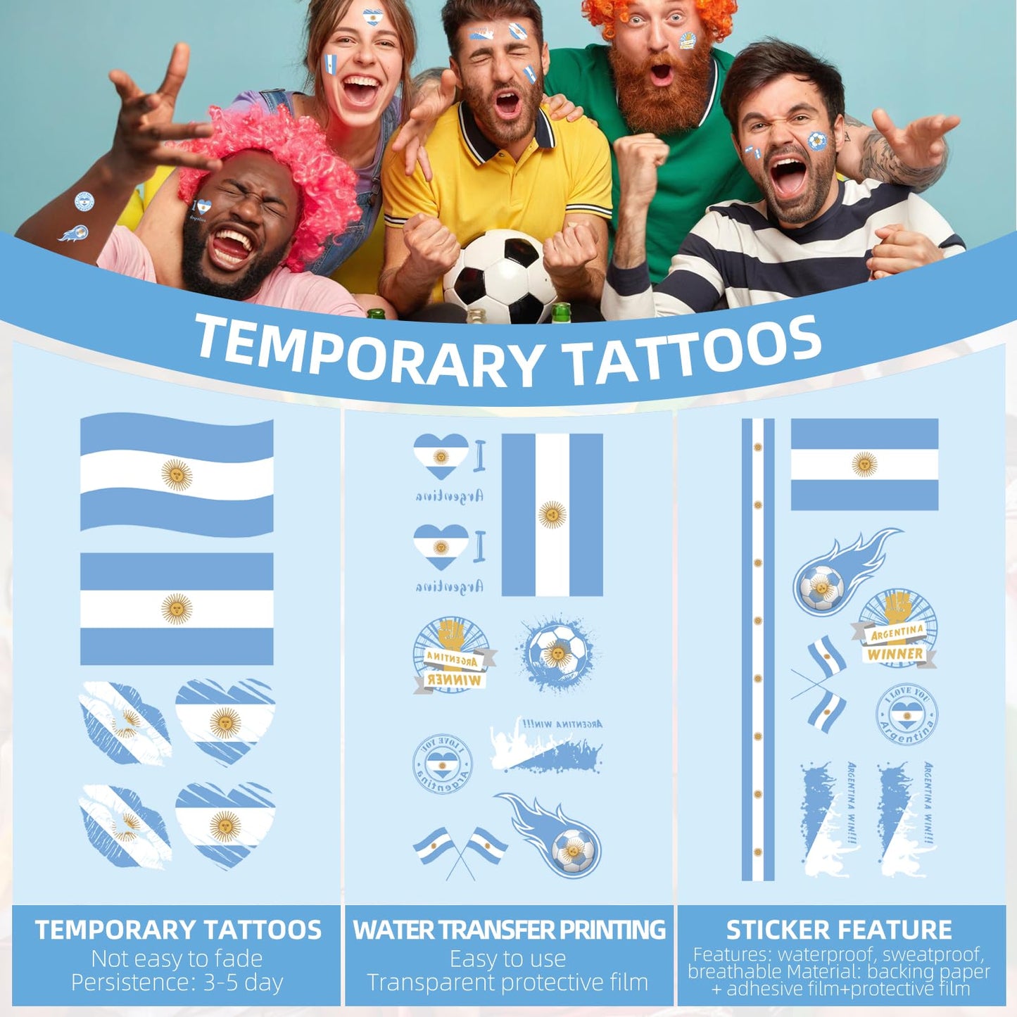 2026 World Cupfor Temporary Tattoos & St Patrick's Day Tattoos, 16PCS 12CM×6CM National Flag Stickers for Fans (Argentina)