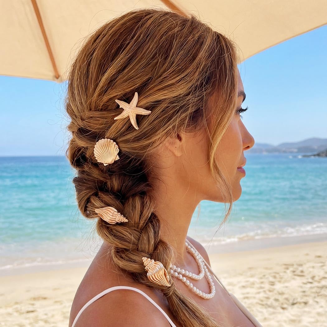 Beach Hair Clips - Gold Seashell & Starfish Hair Accessories for Women | Pack of 6