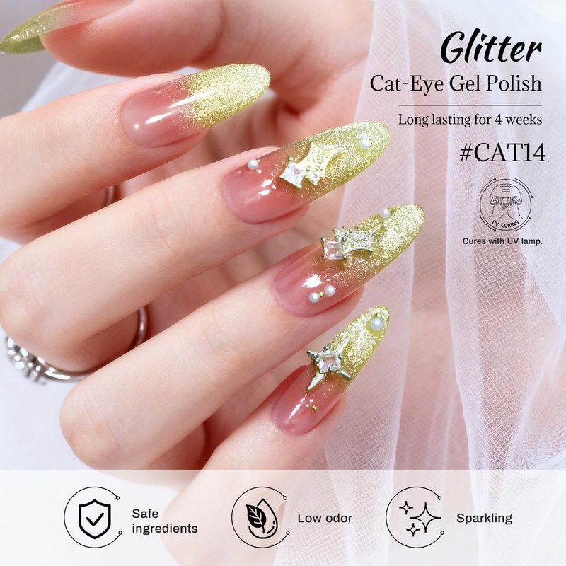Cat Eye Gel Nail Polish - Teal Gold Glitter Magnetic Gel for UV/LED Curing | 16.5ml DIY Nail Art
