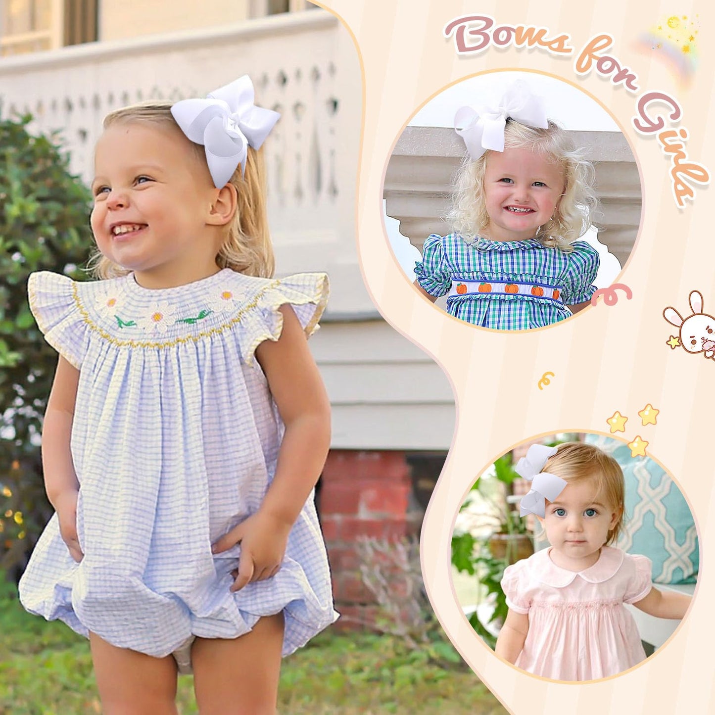 2PCS Oaoleer Layered Grosgrain Ribbon Alligator Hair Clips, White 6-inch Barrettes for Girls, Infants, Toddlers, Kids, and Teens