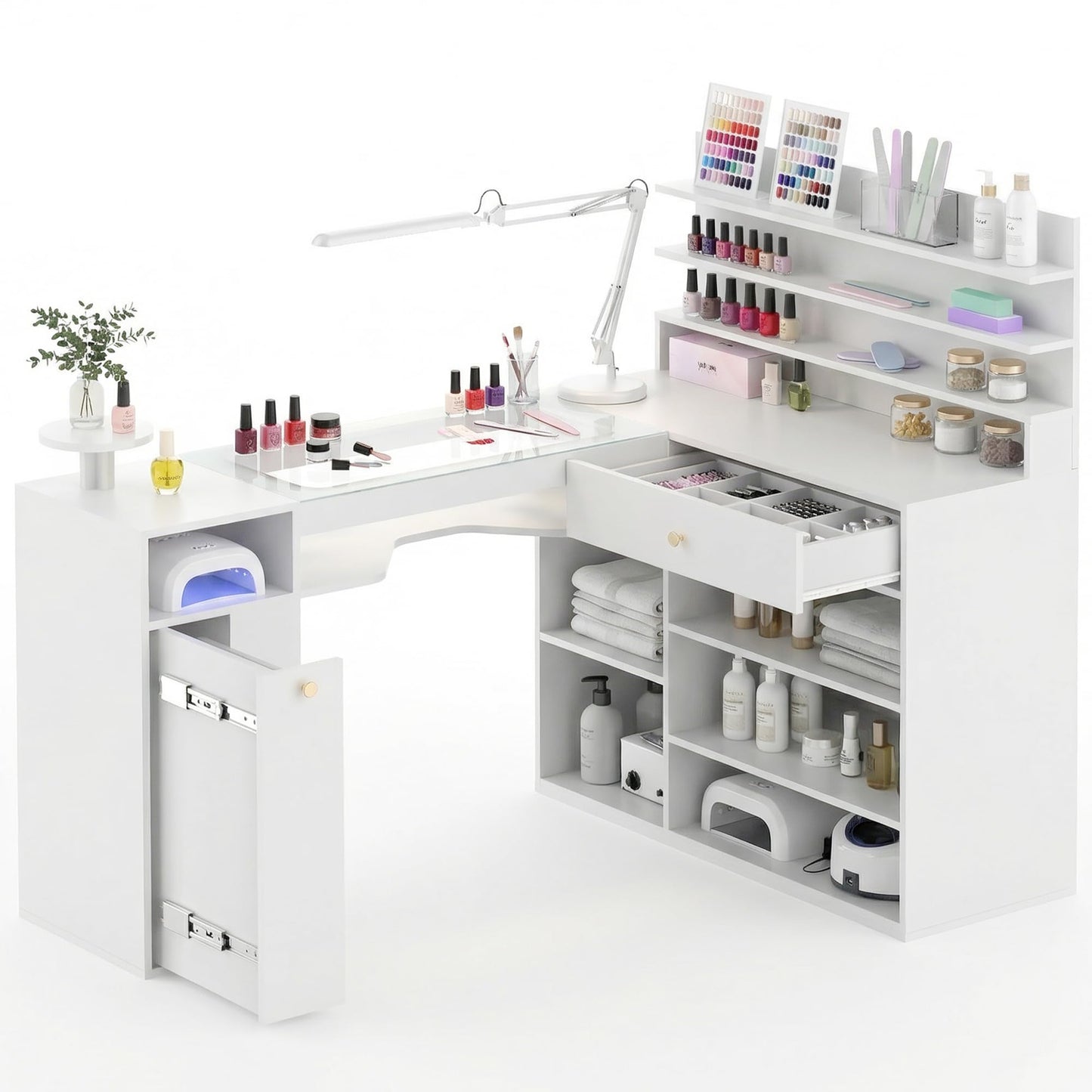 Lavoker Manicure Table Nail Station 60 inch L-Shaped Nail Desk for Nail Tech with Glass Table Top White Nails Table with Shelves Drawer Storage Space.