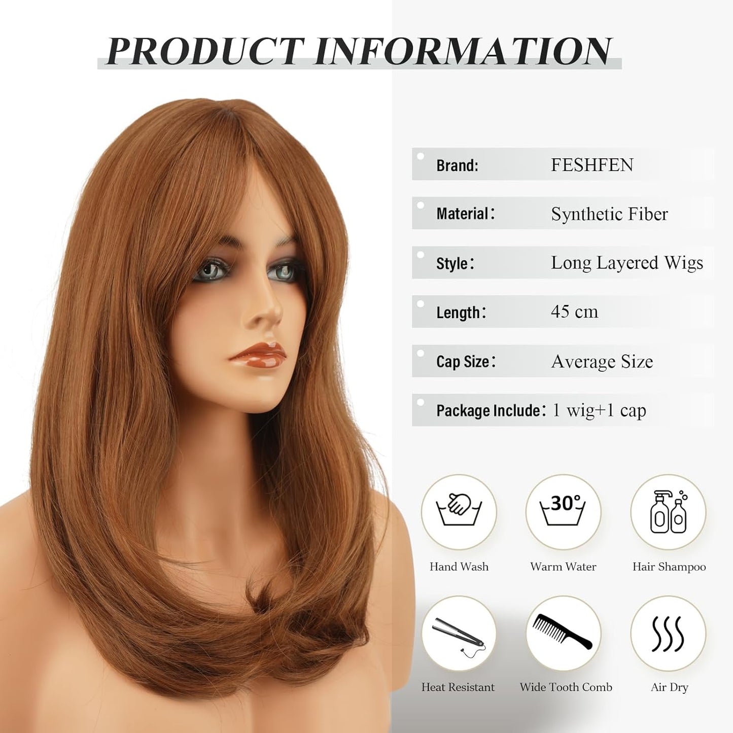 FESHFEN Auburn Wigs with Bangs for Women - 18" Long Layered Synthetic Hair for Daily & Party Wear