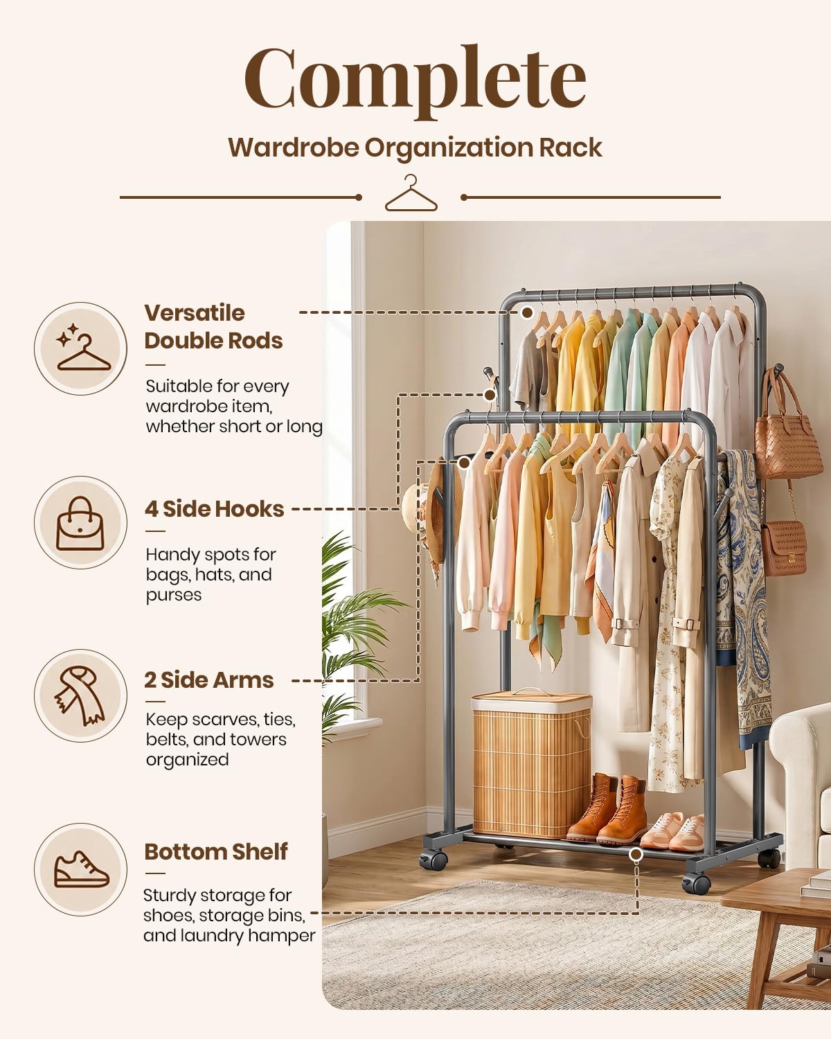 Delamu Clothes Rack Double Rods Clothing Racks for Hanging Clothes with Rolling Wheels, Metal Garment Rack with Hooks, Portable Wardrobe Rack Coat Rack with Shelfs for Bedroom, Laundry Room, Black