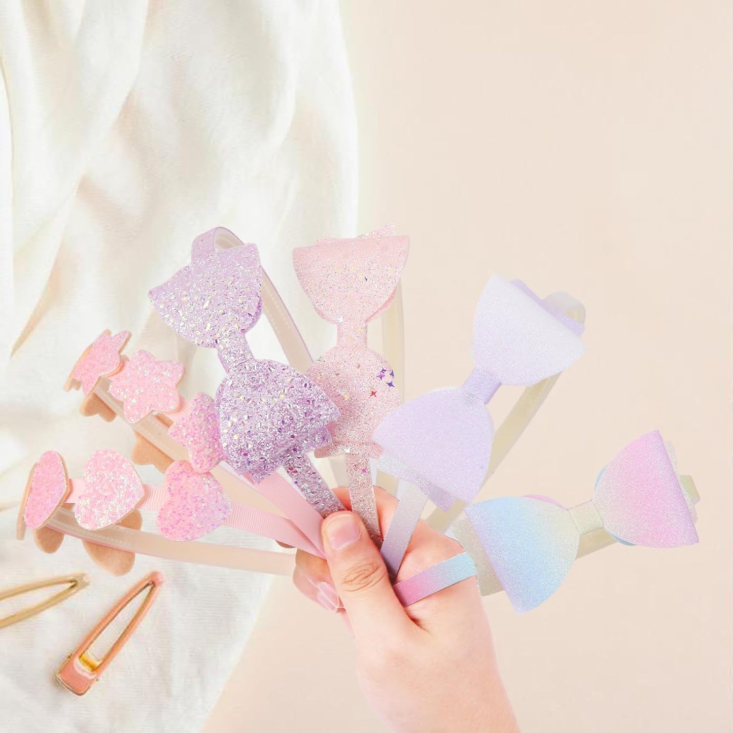 Girls' Headbands Set - Glitter Bow, Flower & Star Hair Accessories | 6 Pcs Cute Hairbands for Kids