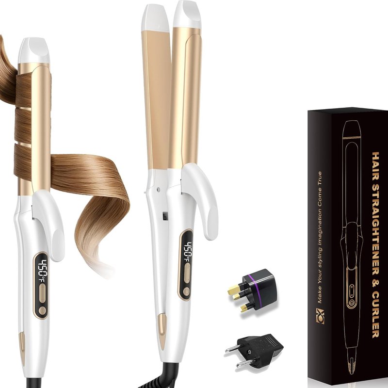 Dual Voltage Curling Iron - 2 in 1 Curling & Straightening Wand | 1.25 Inch Ceramic, Adjustable Temperature, Off-White