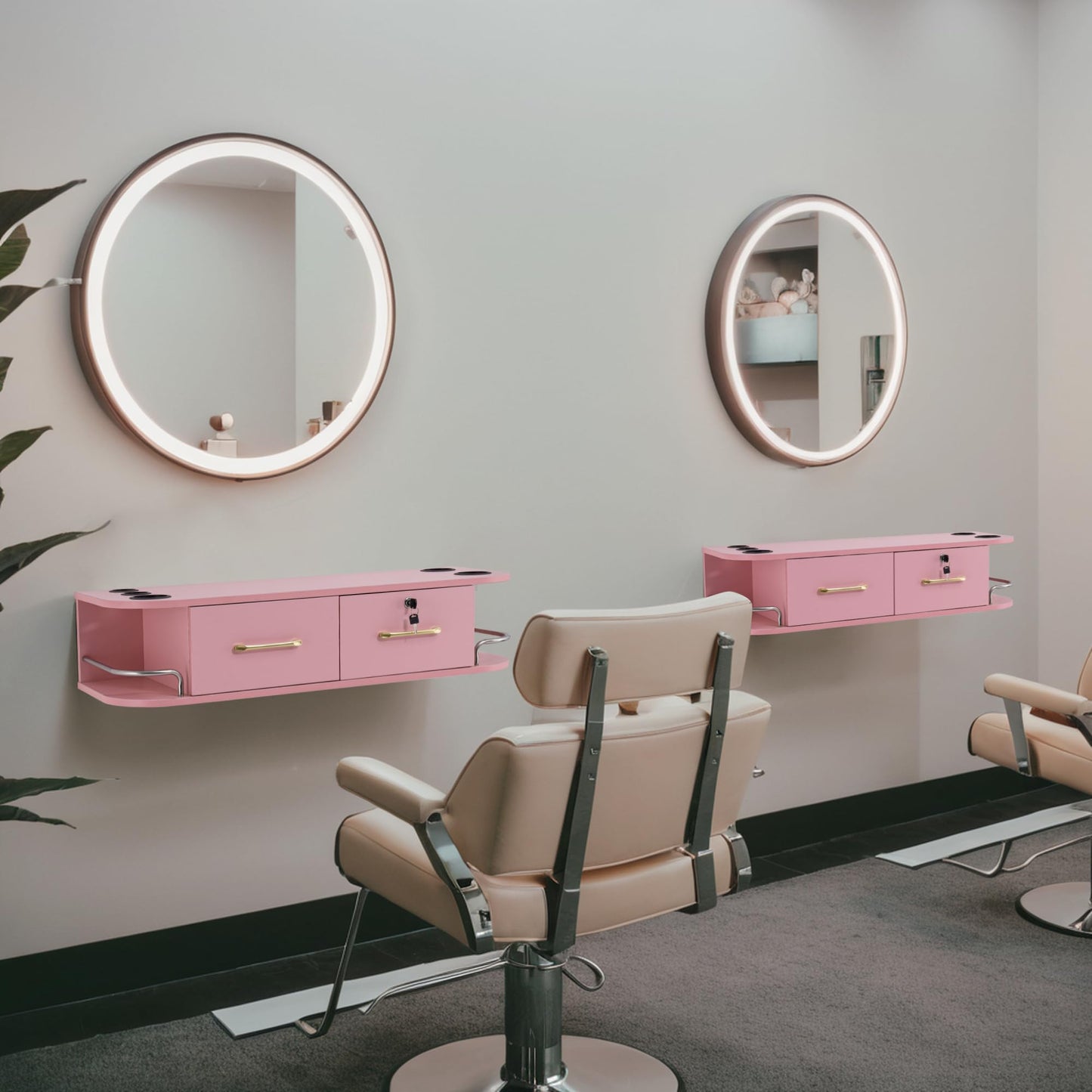 BarberPub Locking Wall Mount Styling Barber Station with Mirror Beauty Spa Salon Furniture,6154-5012-mirror (Pink)