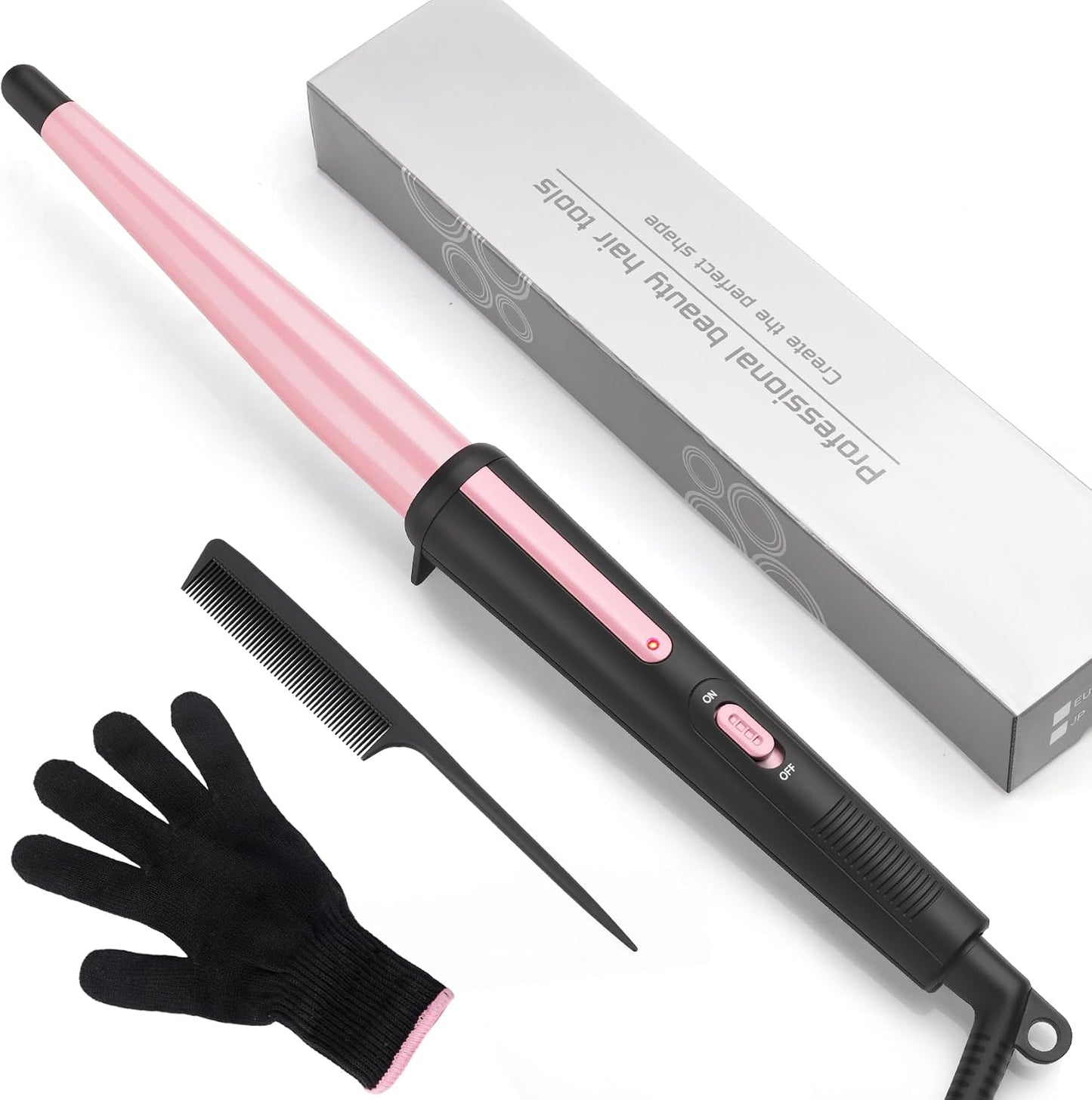 Professional Hair Curling Wand - 0.5-1 Inch Tapered Ceramic Curler with Heat-Resistant Glove | Dual Voltage Pink
