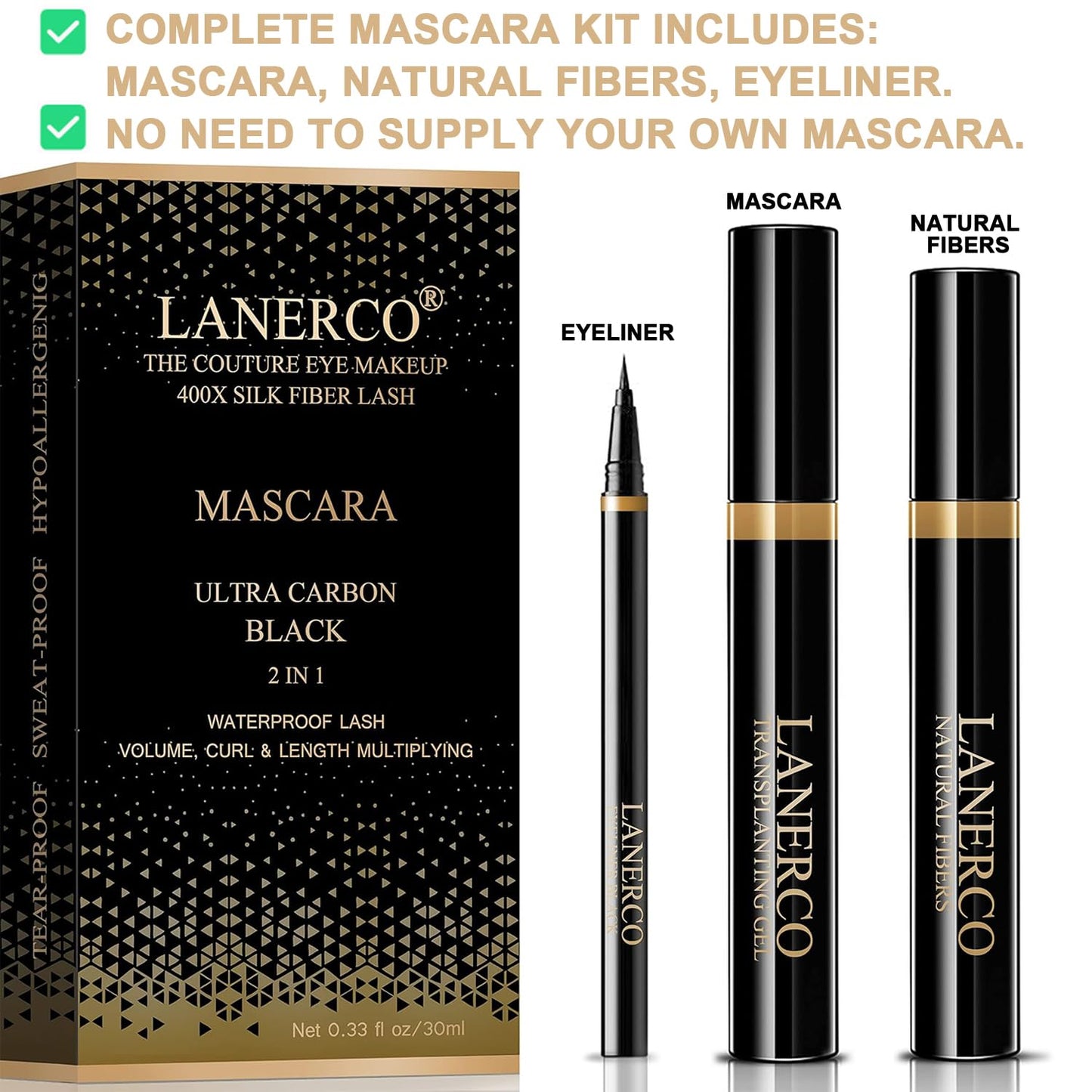 4D Silk Fiber Lash Mascara & Waterproof Eyeliner Set - Lengthening, Volumizing, Hypoallergenic | Ideal Eye Makeup Gift for Women