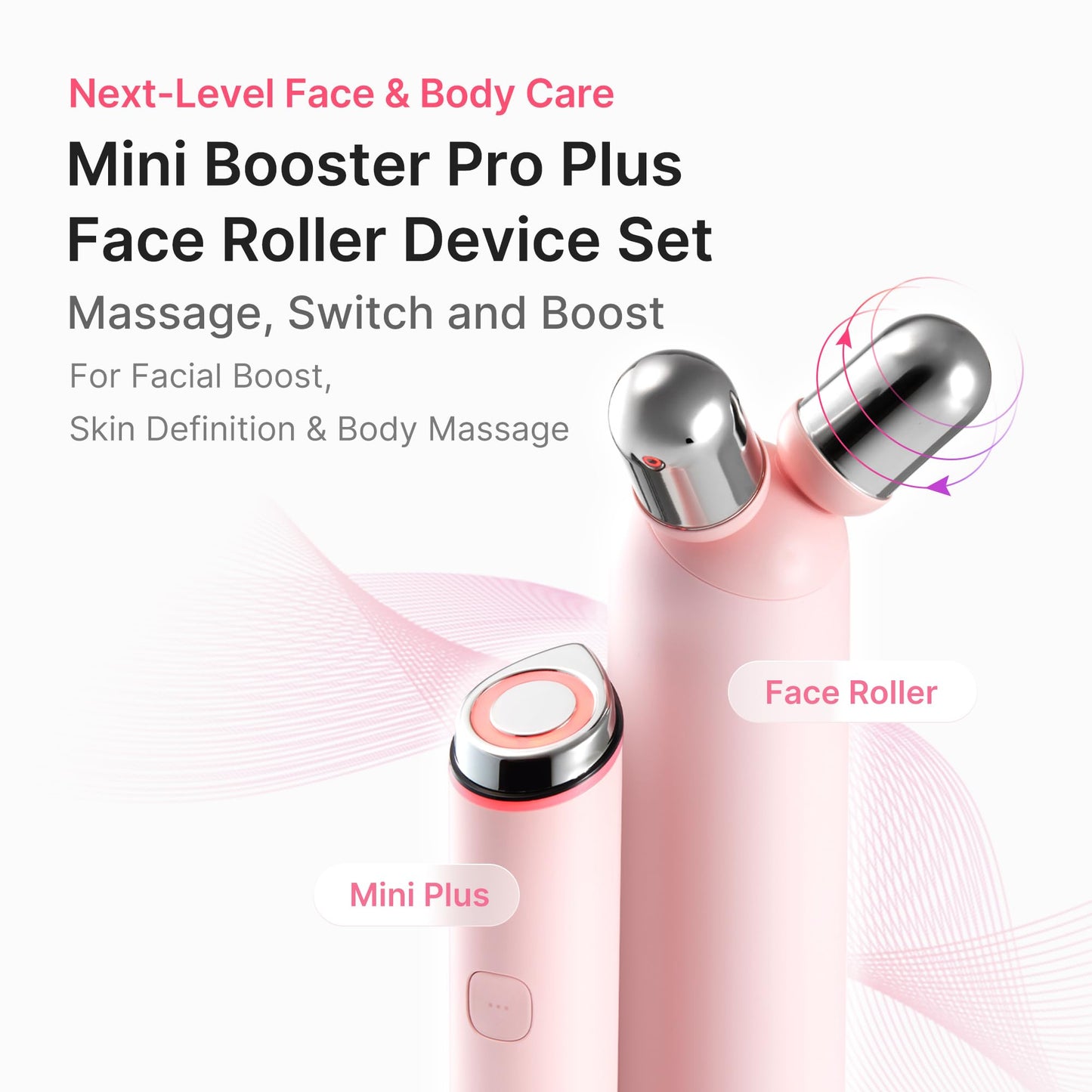 medicube Mini Booster Pro Plus Face Roller Device Set | 2-in-1 Massage & Skincare Device | Jawline Care & Depuffing | Face & Body Massager with 3 Vibration Modes | Korean Facial Device, Pink