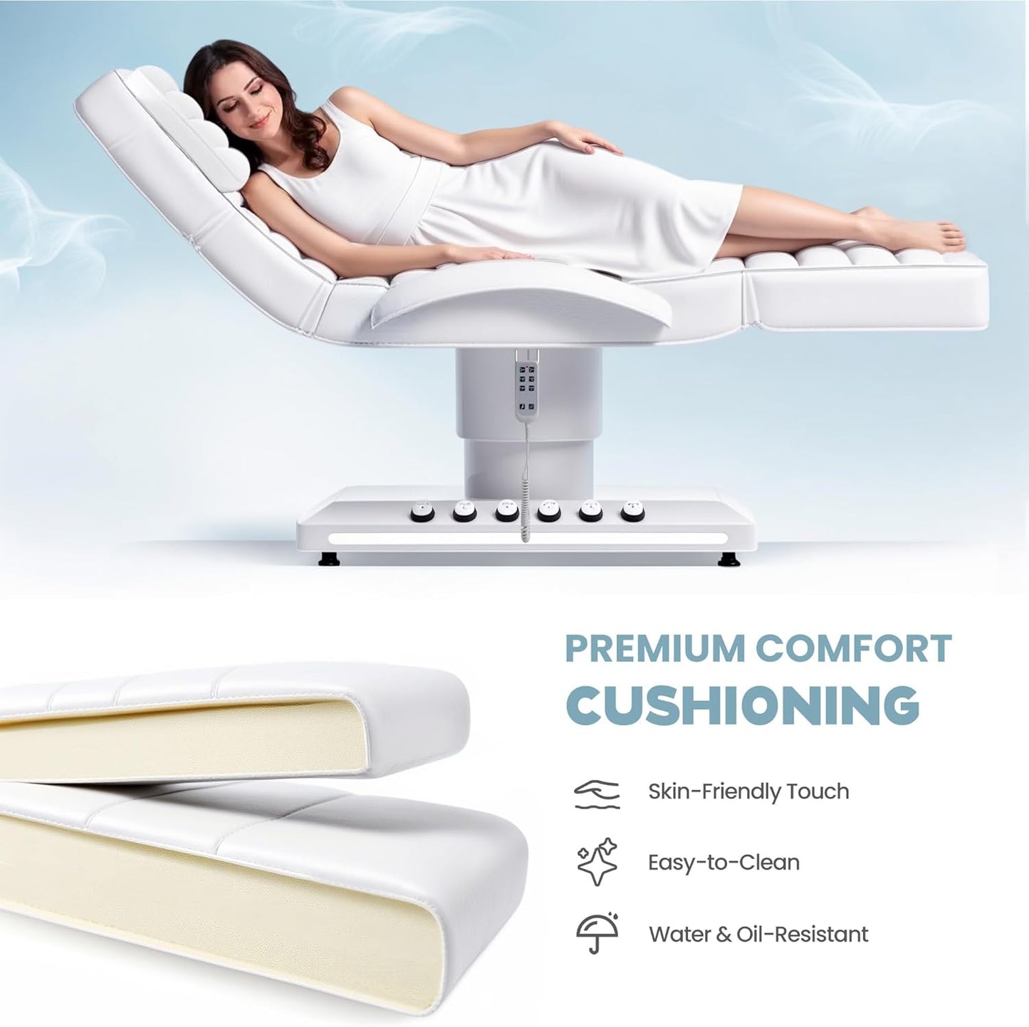 Electric Massage Table - Adjustable Facial Bed with LED Light | Removable Headrest & Armrest, 90° Back & Leg Adjustment (White)