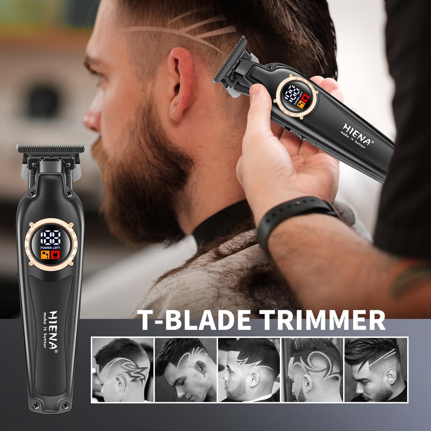 Professional Cordless Hair Trimmer for Men, T-Blade Zero Gapped Hair Clipper, Mens Beard Trimmer, Edgers, Fade Barber Clipper, Black