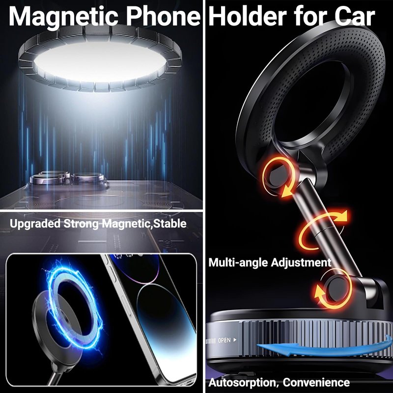 ELESULTRA Magnetic Phone Holder for Car - Suction Cup Phone Mount for Magsafe, Universal 360° Dashboard Phone Holder Vacuum Cell Phone Holders for Your Car/Gym/Mirror Car Mount for iPhone & Android