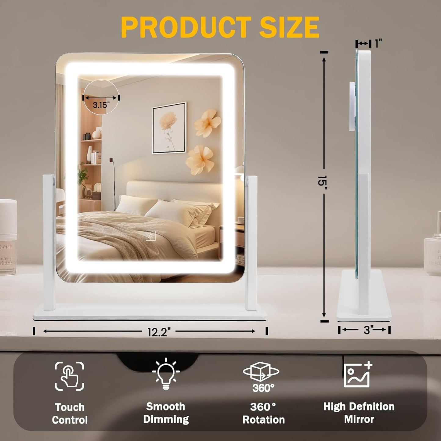 LED Makeup Mirror with Lights - 15" x 12.2" Dimmable Vanity Mirror with Smart Touch & 3-Color Lighting | 360° Rotation, White