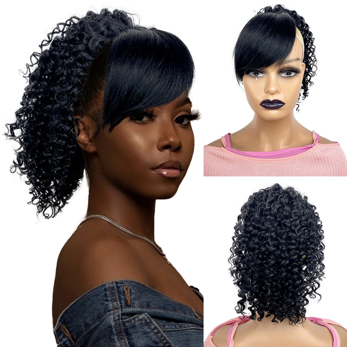 Curly Ponytail with Bangs - 12-Inch Short Kinky Curl Hair Piece | Afro Puff Clip-In for Black Women