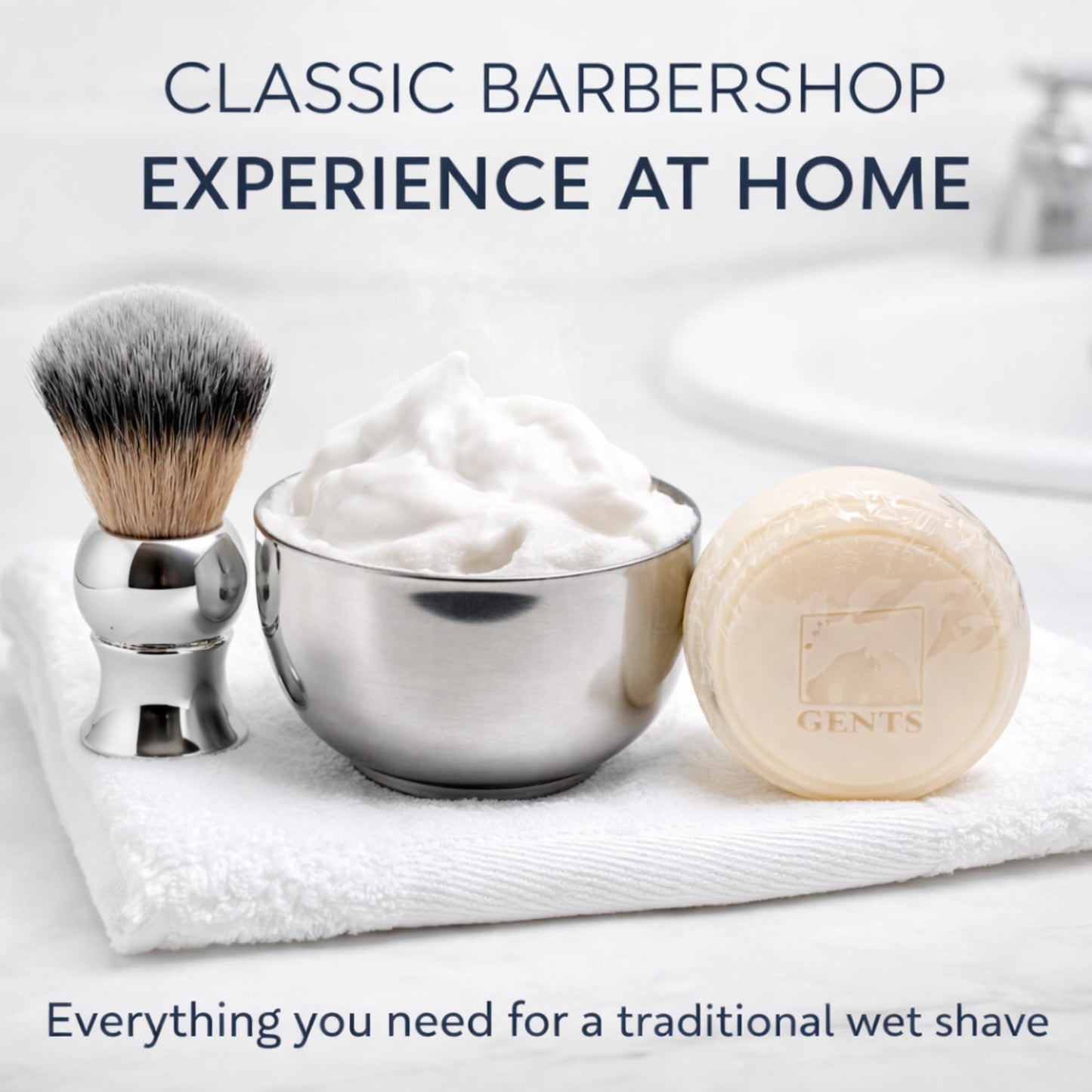 GENTS Men’s Traditional Wet Shaving Kit - 3 Piece Stainless Steel Set with Steel Bowl, Natural Shave Soap & Synthetic Brush - Perfect Grooming Gift