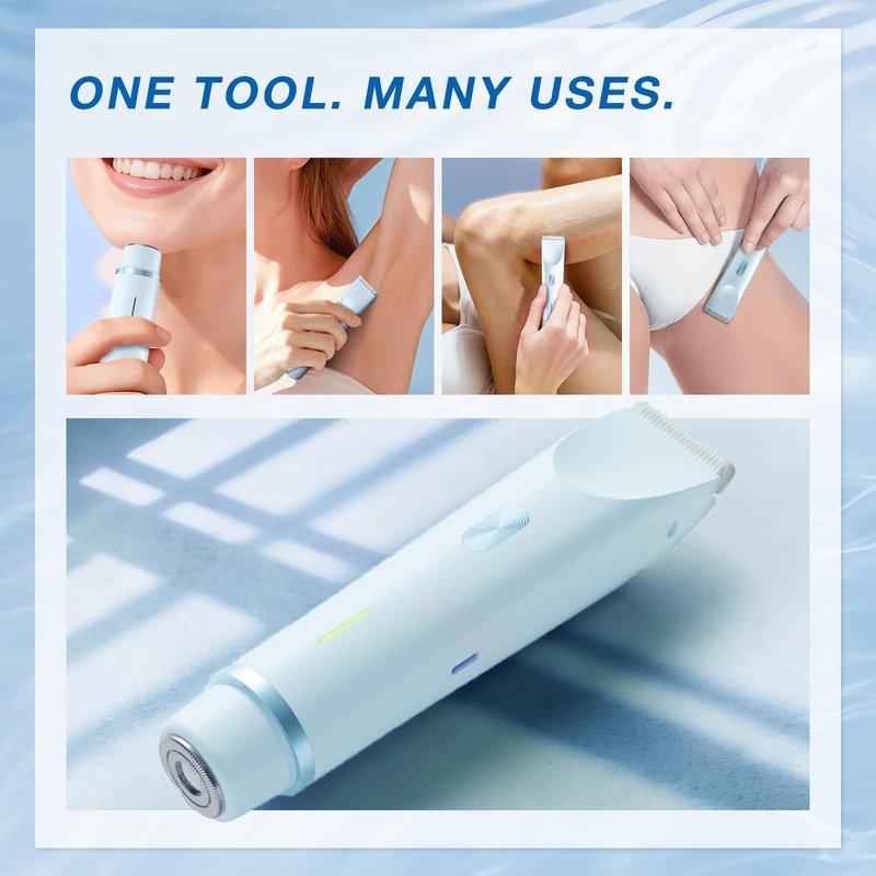AMURS Bikini Trimmer for Women, Dual-Head Electric Body Hair Trimmer for Sensitive Areas, IP67 Waterproof Rinsable, USB-C Rechargeable Groomer for Bikini Line, Underarms, Legs & Face (Cloud Blue)