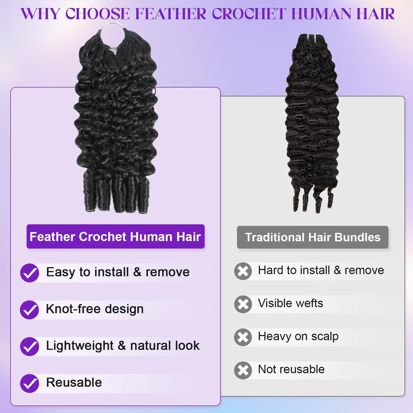 Feather Crochet Human Hair Burmese Curly Crochet Hair for Black Women Knotless Pre-Separated Lightweight Miracle Knots Crochet Human Hair 100% Real Human Hair Bundles Soft Reusable 16inch 120g