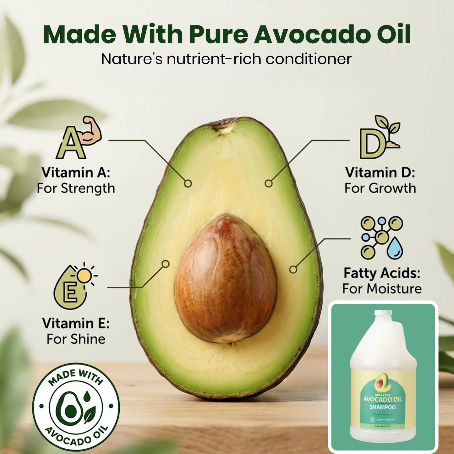 Ginger Lily Farms Botanicals 100% Pure Avocado Oil Shampoo for All Hair Types, 100% Vegan & Cruelty-Free, 1 Gallon (128 Fl Oz) Refill