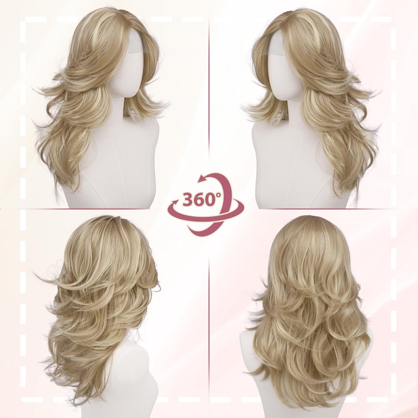Haloo Blonde Layered Wigs with Curtain Bangs Lace Front Hairline Long Wavy Natural Looking Middle Part Synthetic Hair Wig for Women Daily Party Costume, 20 Inch Dirty Blonde