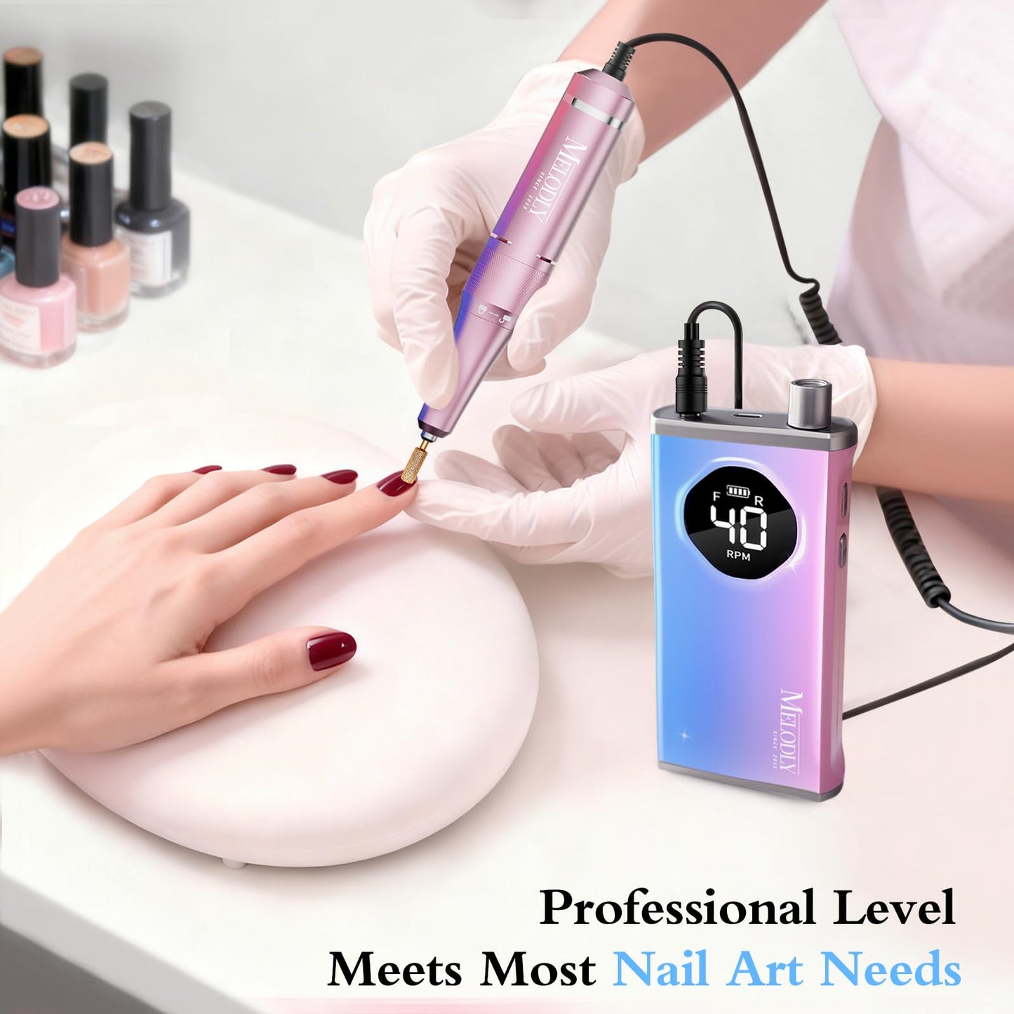 Electric Nail Drill File Professional 40000 RPM, Melodly Rechargeable Electric Nail File Machine Kit for Acrylic Gel Nails Polishing Removing, Portable Cordless Efile with Gold Bits at Salon Home