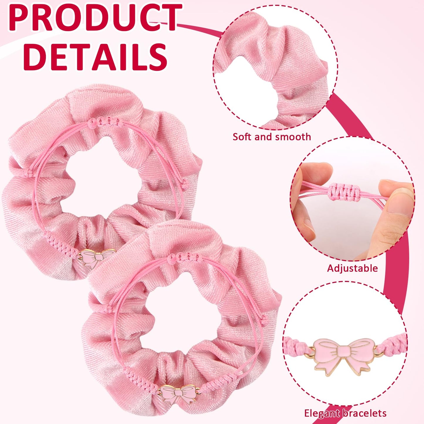 BRIOYHA Coquette Party Favors Set,12 Pink Hair Scrunchies with 12 Bow Bracelets, 24Pcs Pink Coquette Accessories for Girls Birthdays, Sleepovers, Bachelorette & Cheerleading Teams