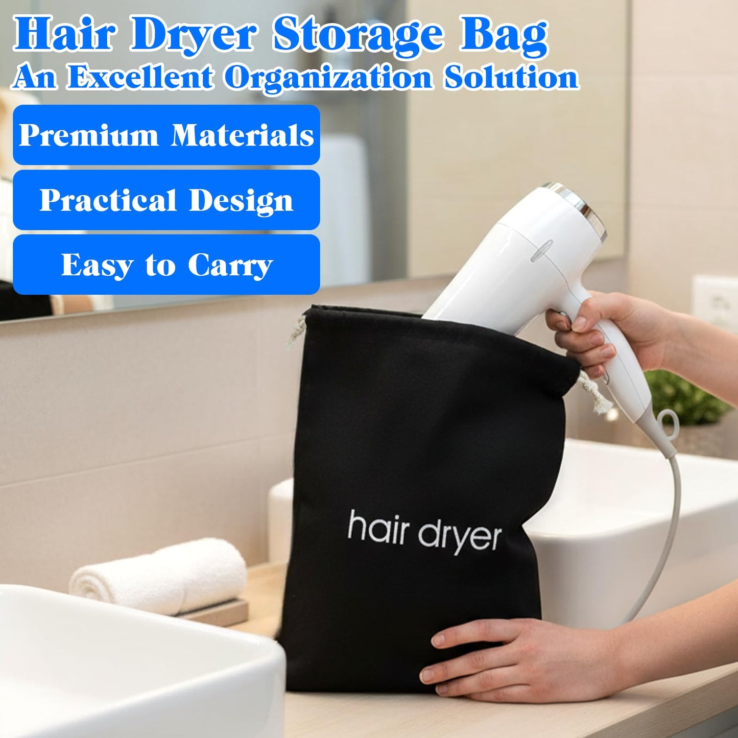 2 PCS Hair Dryer Bags, Drawstring Blow Dry Bag Organizer, Hairdryer Dust Storage Bags for Travel Bathroom (Black)