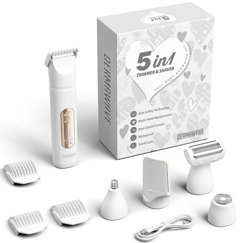 DERMAWAVE 5-in-1 Electric Bikini Trimmer for Women Pubic Hair, Waterproof Electric Razor Foil Shaver Hair Trimmer Epilator for Face, Nose, Ear, Bikini Line Area, Body, Leg, USB-C Rechargeable, White