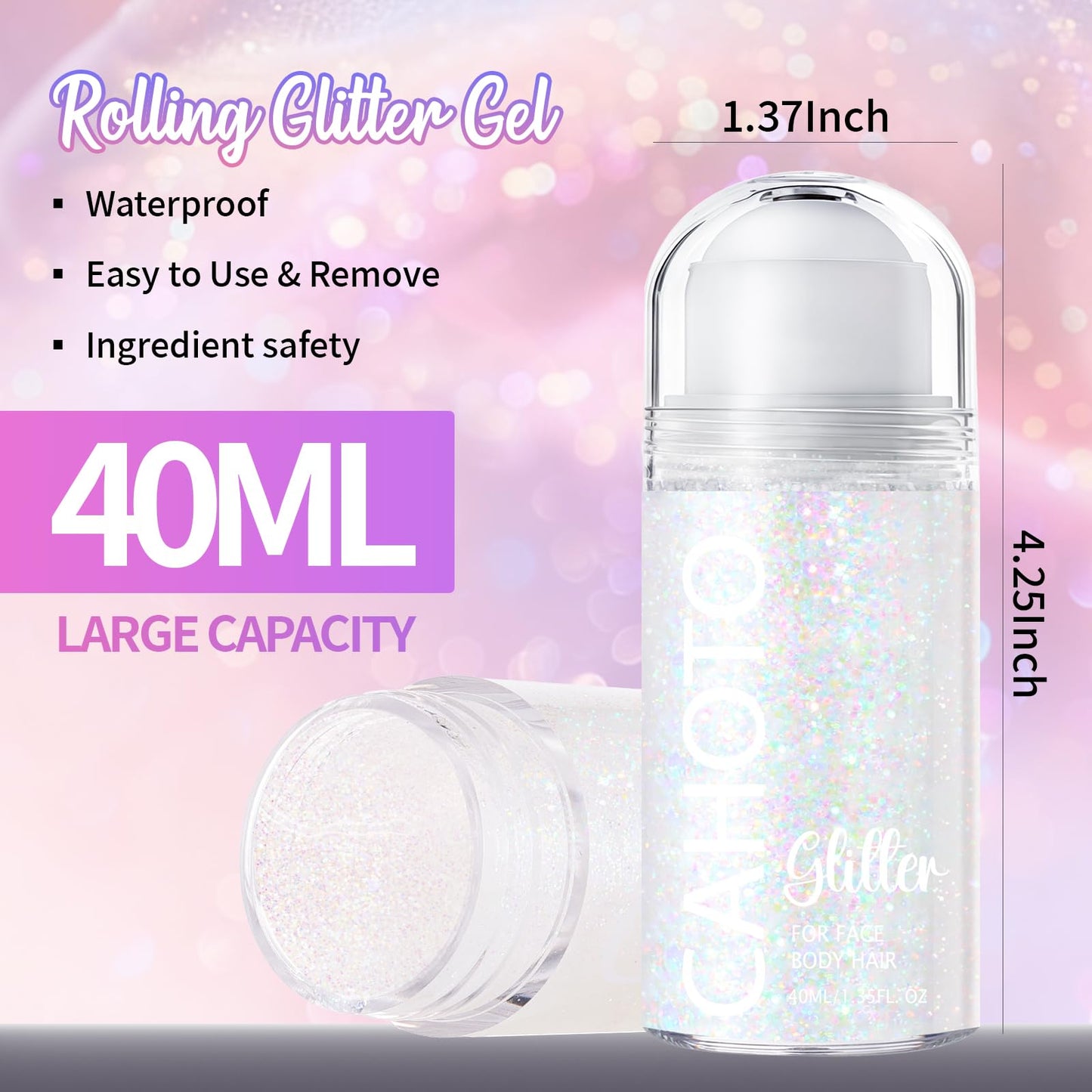 CAHOTO Dazzle Rolling Glitter for Face Body & Hair, Sparkling Holographic Shimmer, Roll-on Sequins for Singer Concert Rave Festival Halloween Party Carnival, 1.35fl.oz