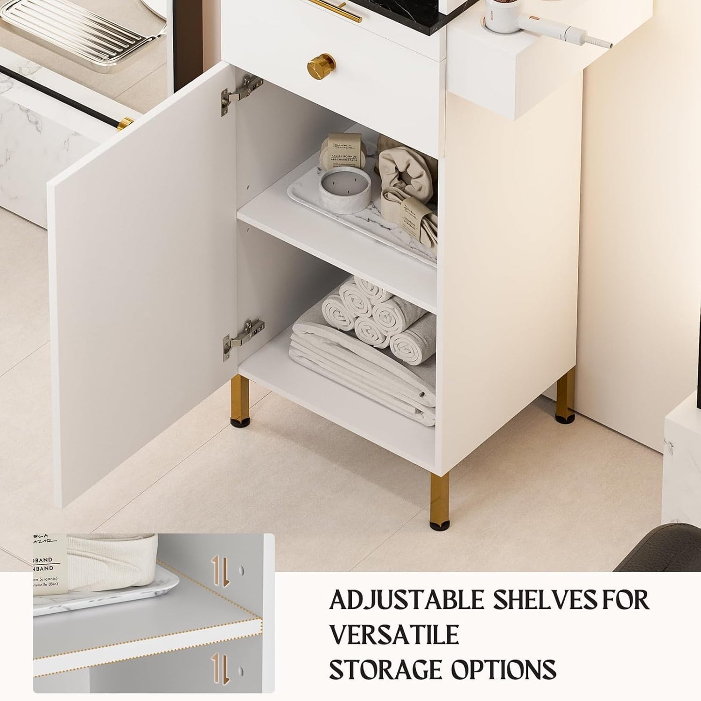 TTGIEET Salon Stations for Hair Stylist, Barber Station w/Glass Shelf & Golden Handles, Hair Salon Station Beauty Salon Spa Equipment w/6 Hair Dryer Holders, 2 Storage Cabinet & Drawers（White-New）
