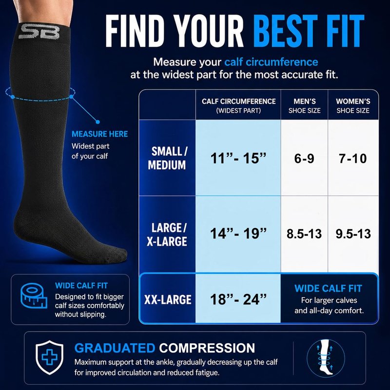 SB SOX 3-Pair Compression Socks for Men & Women (15-20mmHg) – Best Compression Socks for Flying, Medical, Sports, Wide Calf Fit, Skiing, and Daily Wear (L/XL, 01 – Solid Black)