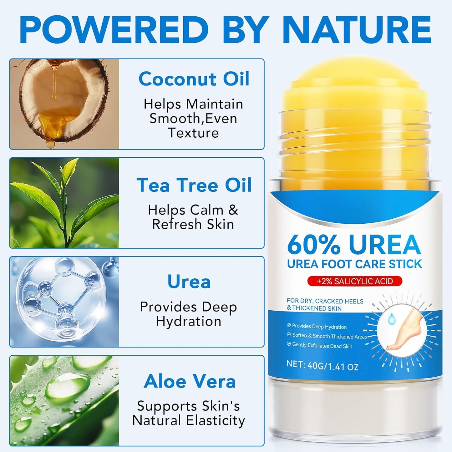 Urea Foot Cream Stick - 60% Urea & 2% Salicylic Acid | Moisturizing Foot Care for Dry Cracked Skin, 1.41 oz